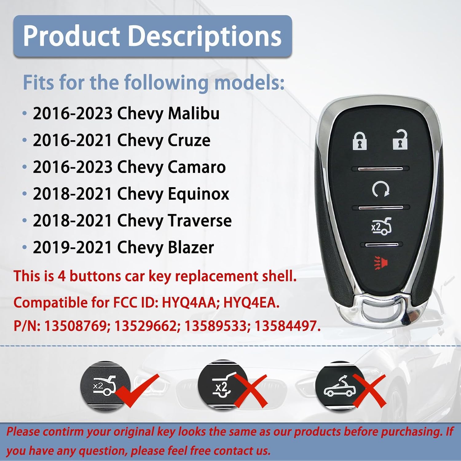 Key Fob Cover Replacement Fits for 2016-2023 Chevy Malibu Camaro/ 2016-2021 Cruze/ 2018-2021 Equinox Traverse/ 2019-2021 Blazer Keyless Entry Key Fob Case Shell HYQ4AA HYQ4EA