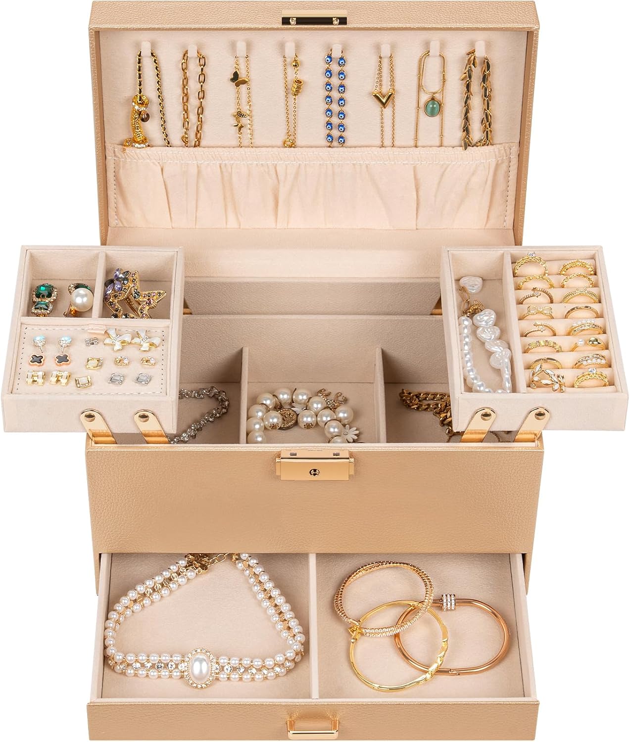 AKOZLIN Travel Jewelry Box Organizer Functional 2-trays Leather Jewelry Storage Case with Lockable Portable Drawer for Women Girls Ring Necklace Earring Bracelet