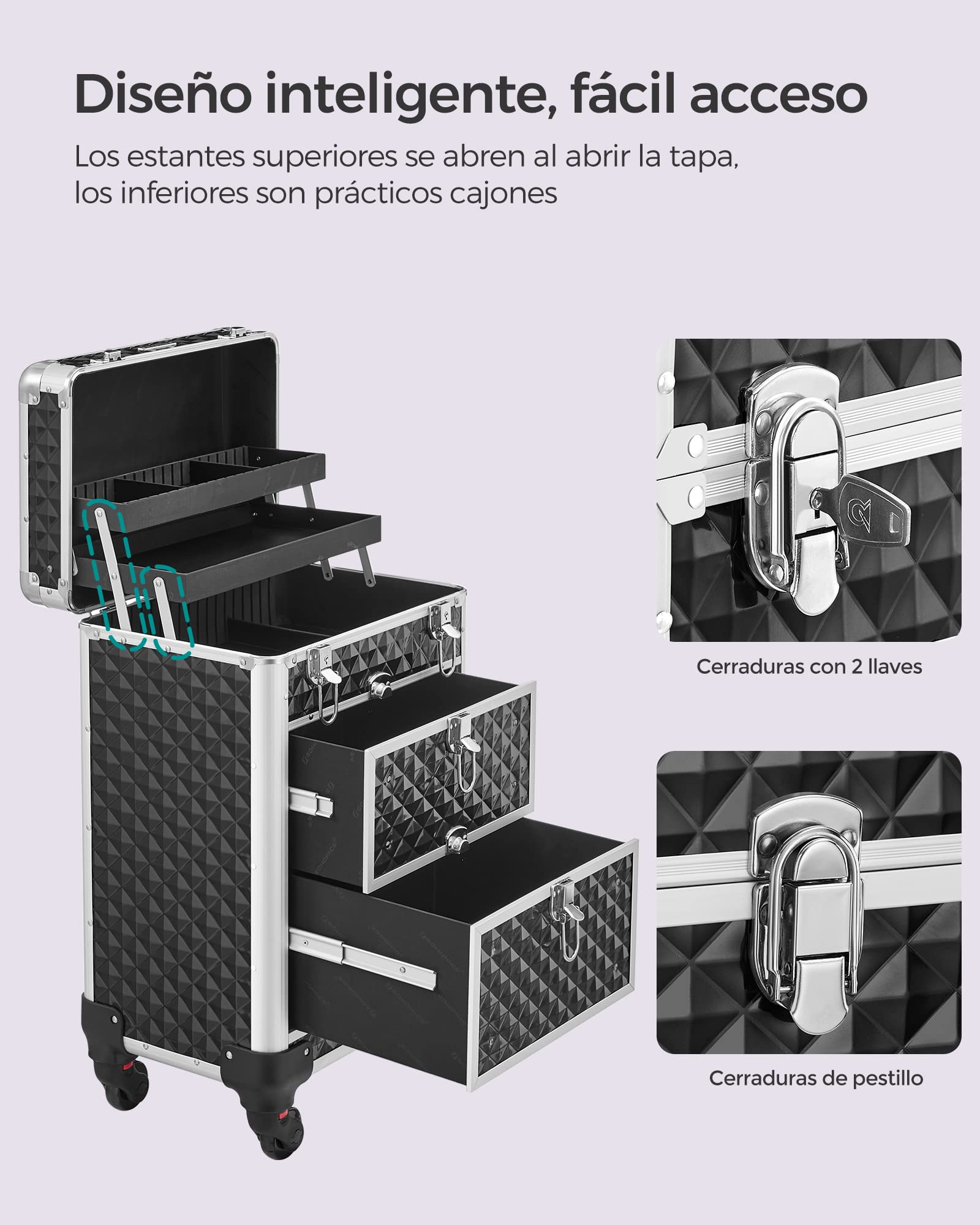 SONGMICS Maleta de Maquillaje Profesional, Maletín para Cosméticos, Maletín de Peluquería, con 2 Cajones, Grande, Ruedas 360°, para Viaje, Regalo Ideal