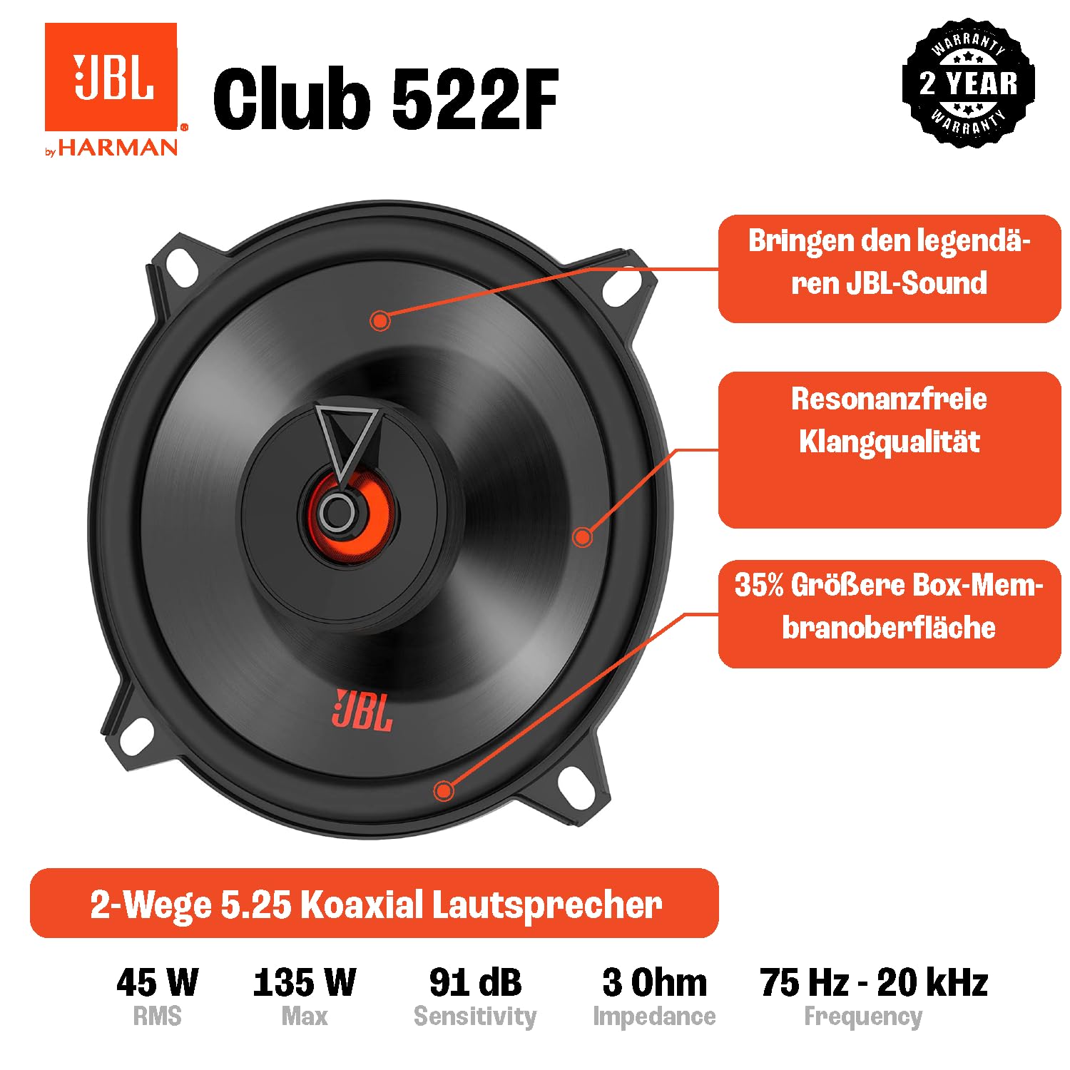JBL Club 522F 2-Wege Auto Lautsprecher Set von Harman Kardon - 135 Watt Pro KFZ Autolautsprecher Boxen 13 cm, Black