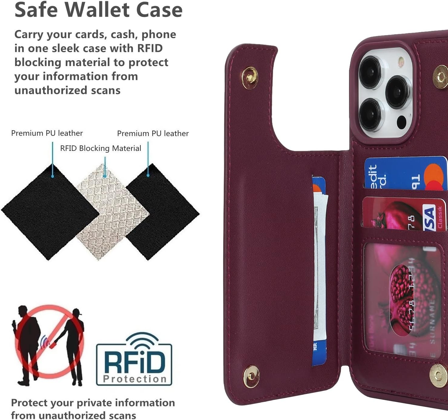 iCoverCase Compatible with iPhone 14 Pro Case with Card Holder, Wallet Case for Women Men RFID Blocking PU Leather Protective Phone Case 6.1 Inch (Wine Red) - Image 4