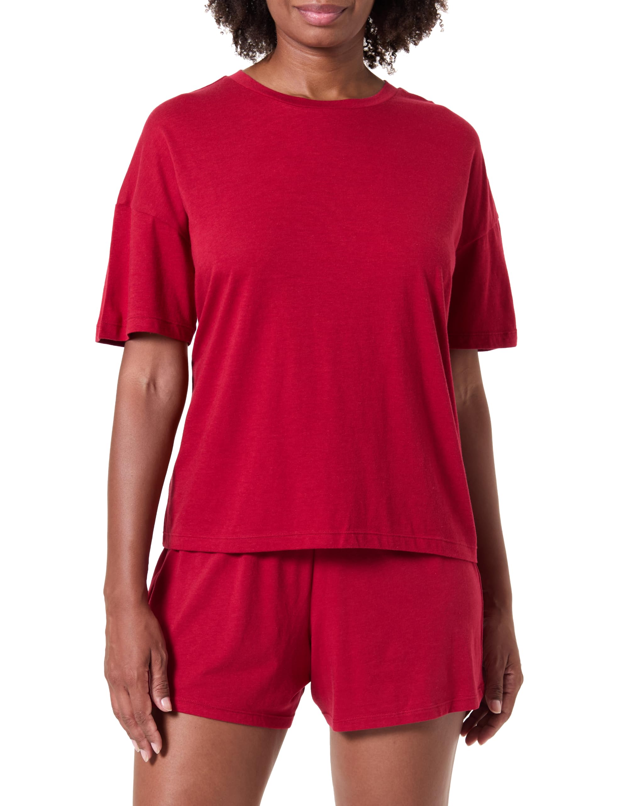 Hanes Women's Originals 2 Piece Lounge, Comfywear Supersoft Boxy T-Shirt & Sleep Shorts Loungewear Set Pajama, Rosey Red/Rosey Red, XS (Pack of 2)