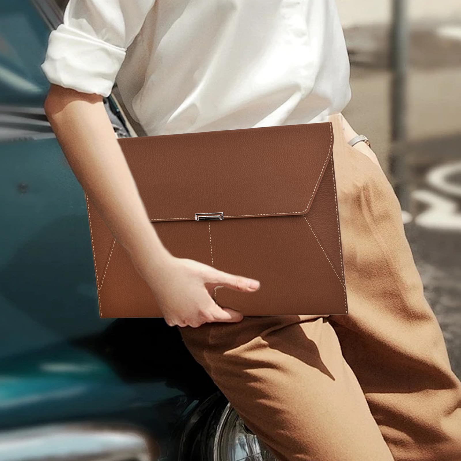 VANRA File Folder Document Holder Organizer Waterproof Portfolio Leather Folder Case with 3 Pockets, Filing Envelopes for A4 Letter Size Paper with Snap Magnetic Button Closure (Brown)