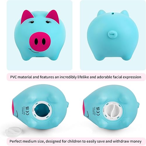 Miniatura 2 de Alcancía para niños, alcancía de plástico azul para niñas, con forma de cerdo, hucha irrompible para niños pequeños, bancos para niños para billetes
