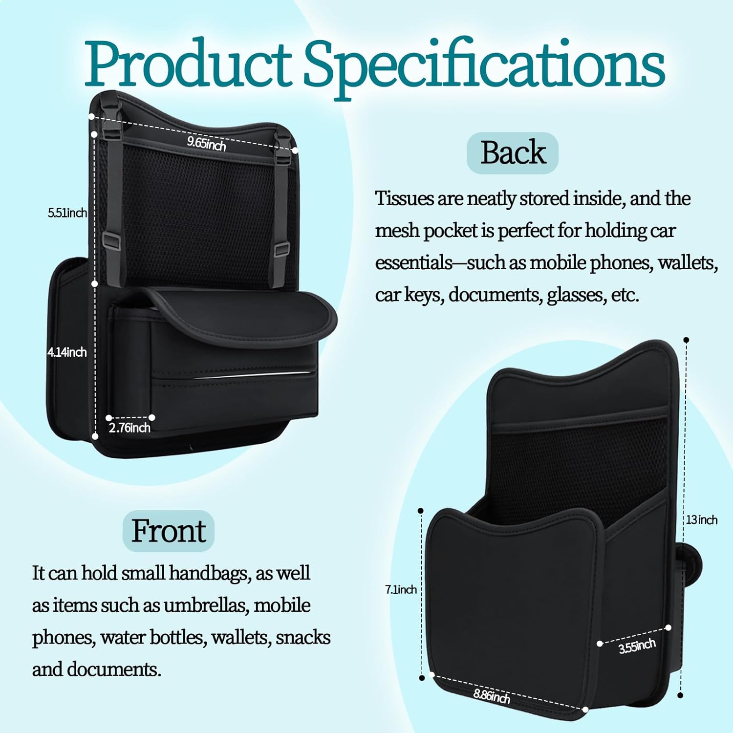 Car Back Seat Organizer with Double-Sided Storage & Tissue Holder - Universal Fit for Sedans, SUVs & Trucks - Durable Car Storage Pocket for Phones, Water Bottles & Essentials