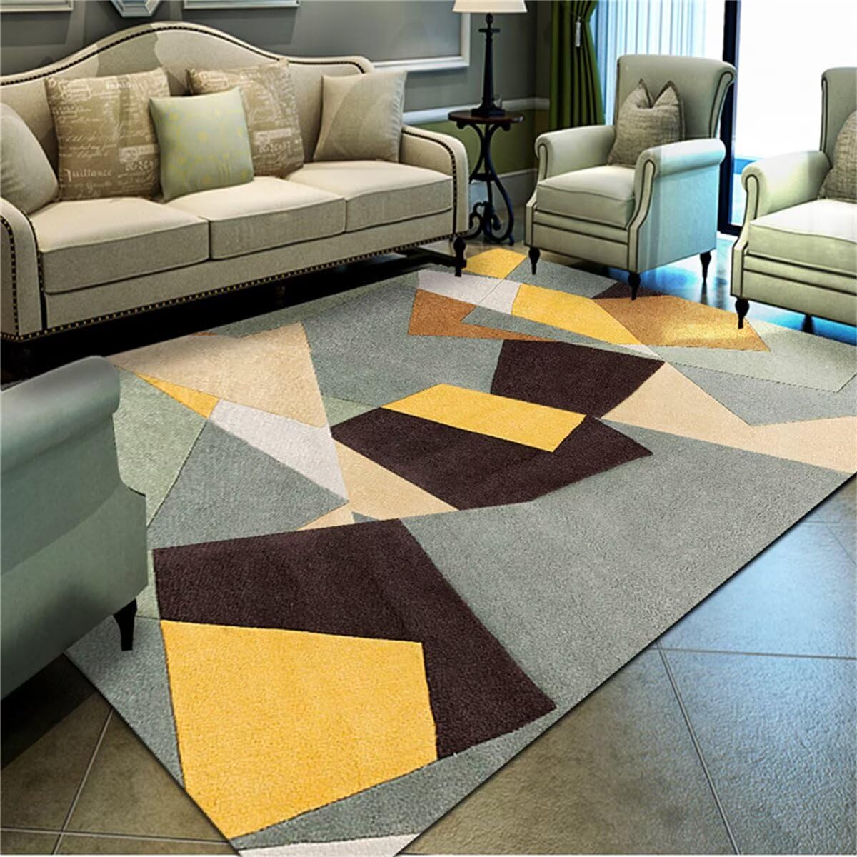 Tapis chambre ado fille 50x80cm jaune et bleu géométrie abstraite