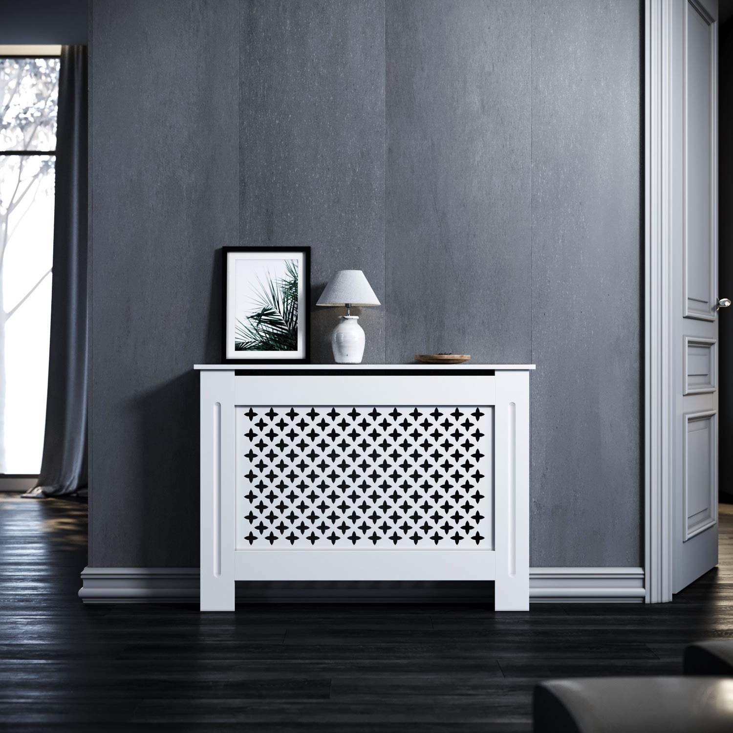 ELEGANT Heizkörperverkleidung, 112x19x81.5cm, Raute Lamell, Lackiert, Weiß | Heizkörperabdeckung, Heizkörperschutz, Schrank Heizkörper Abdeckung für Wohnzimmer, Schlafzimmer, Küche, Modern, Holz