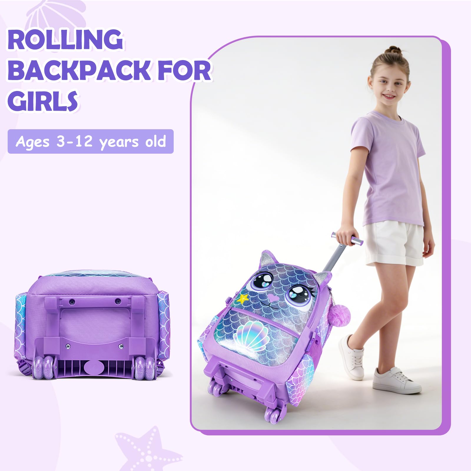 Kinder Rucksack mit Rollen für Mädchen die Schule Große Augen Tier Leopard Koffer Schultrolley Komplett mit Lunchbag Federmäppchen-Set Geeignet Grundschüler Jugendliche 5-12 Jahre Alt Lila