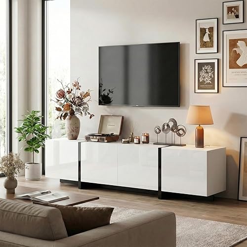 Miniatura 4 de Soporte de TV moderno de alto brillo de 67 pulgadas de ancho para TV de 60/65/70/75 pulgadas, elegante centro de entretenimiento con almacenamiento,