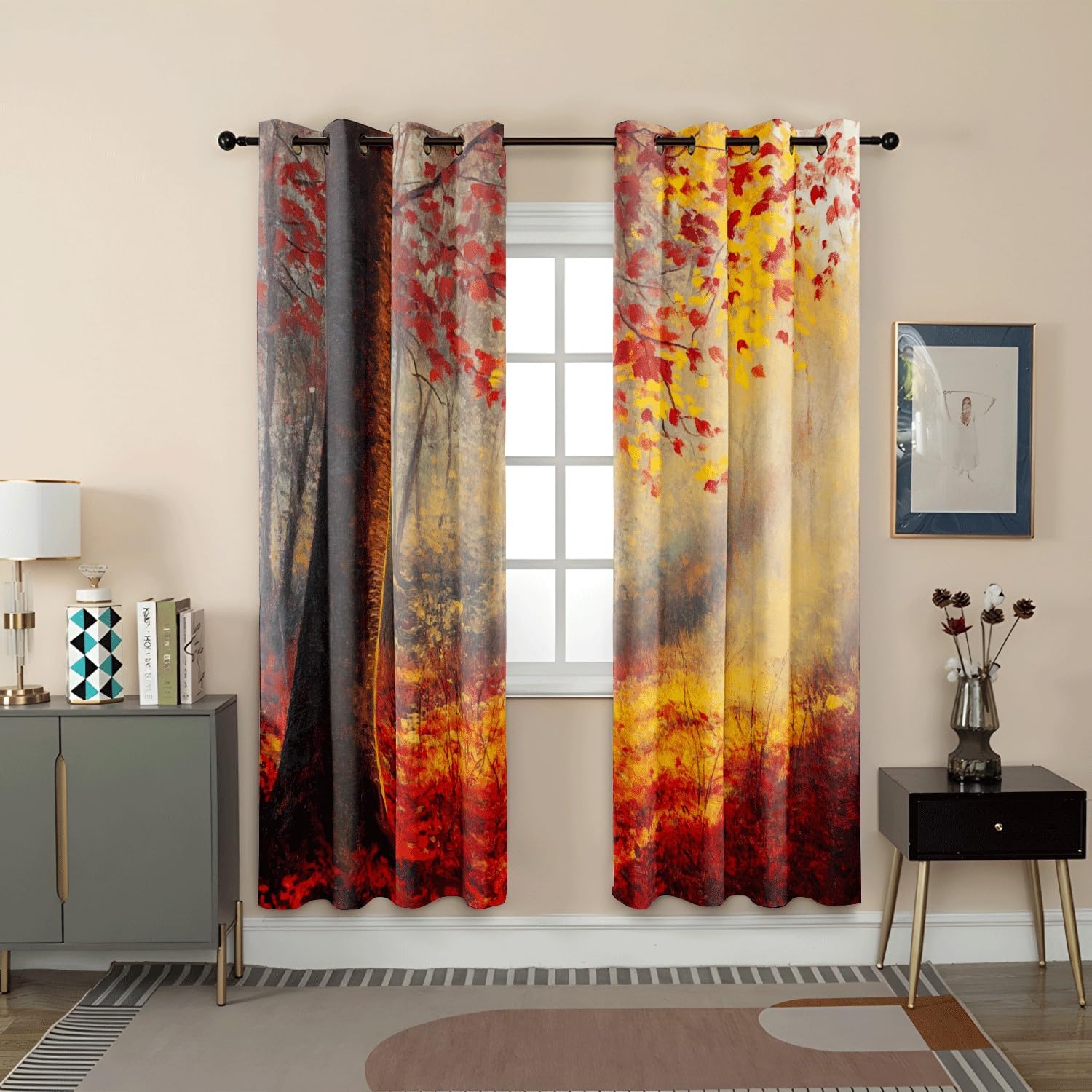 Curtains for Living Room Red Yellow Leaves Blackout Privacy for Bedroom Polyester Washable Thermal Insulated Noise Reducing Eyelet Door Curtain 2 Panels 2x75x166 cm(2 x 55.12 x 98.43 inch)