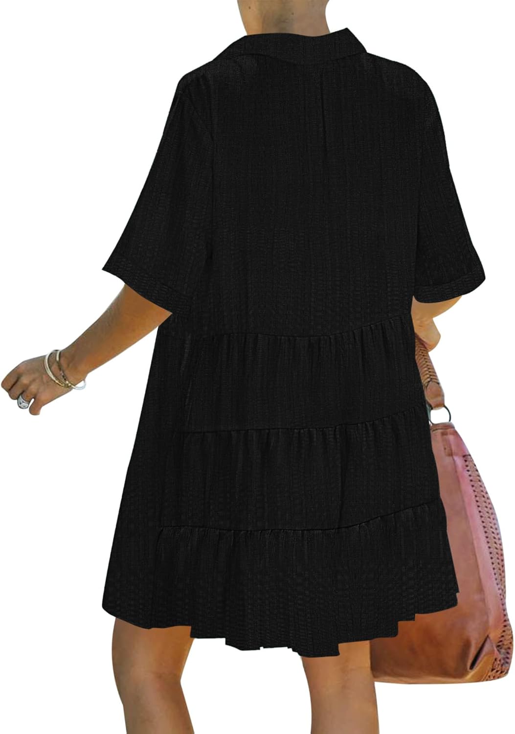 PYGFEMR Women's Summer Dress 2026 Short Sleeve Babydoll Tiered Button Down T Shirts Dresses with Pockets - Image 2