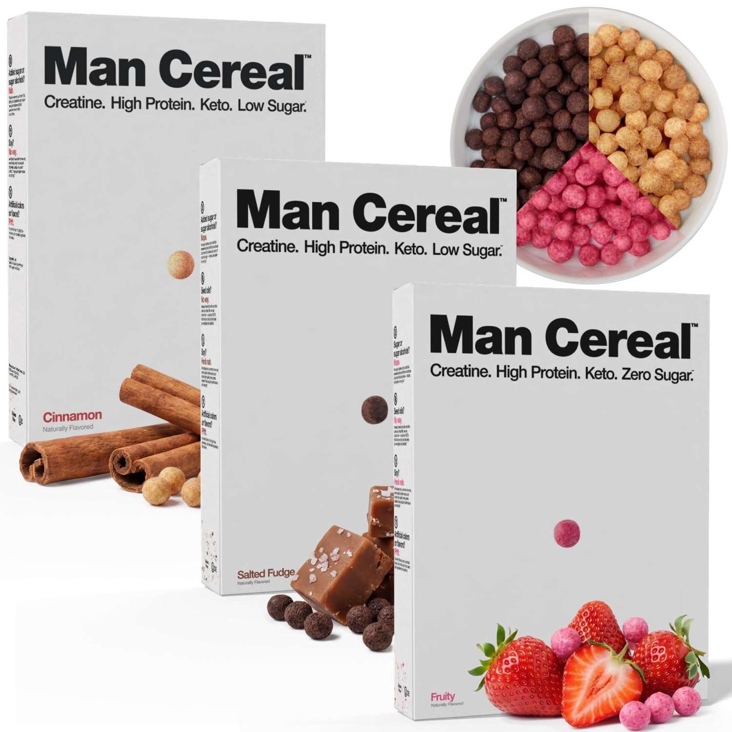 Man Cereal Variety Pack (3 Pack) – High Protein Cereal, 15g Protein & 2.5g Creatine Per Serving, Low Sugar Breakfast Cereal, Healthy Crunch Cereal for