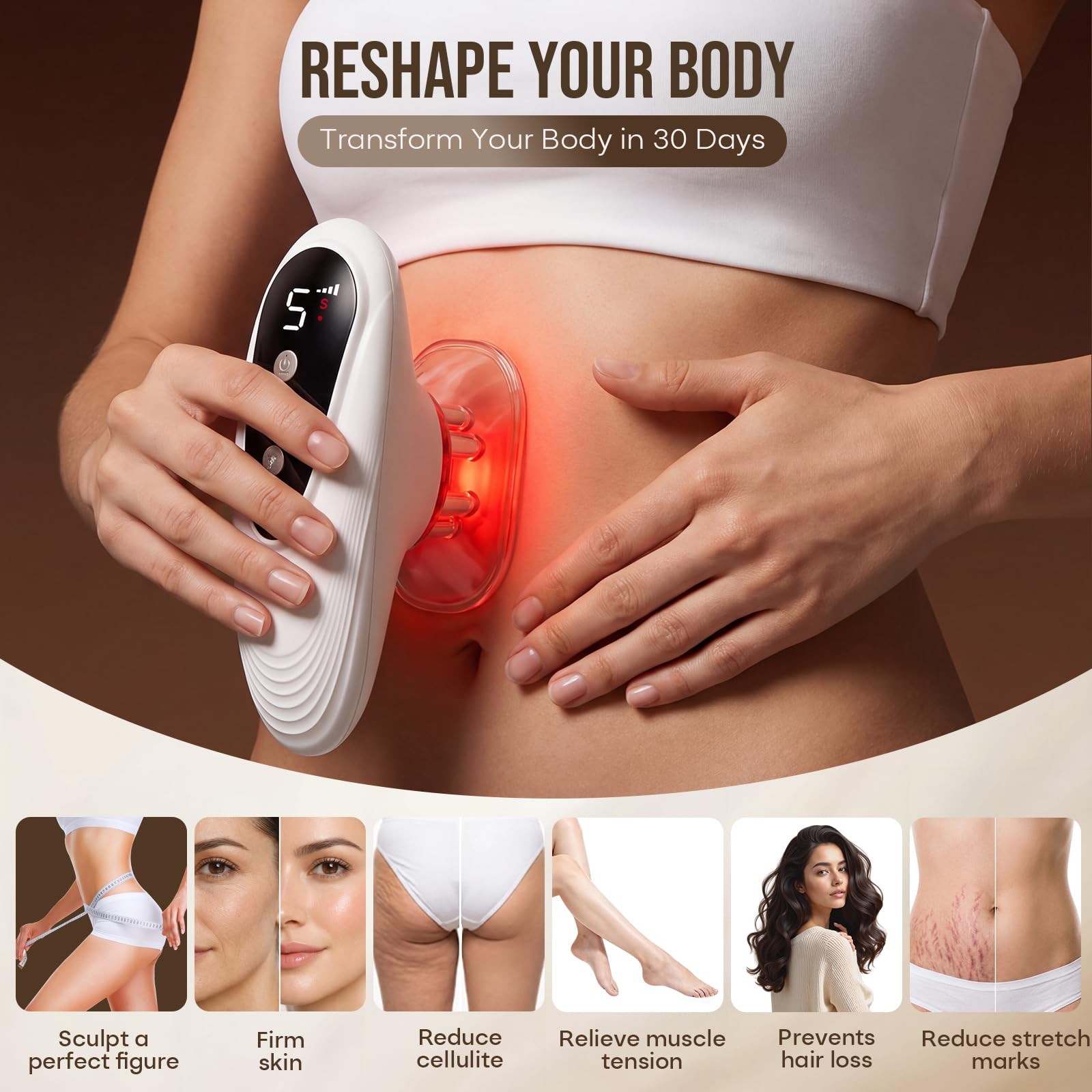 3-in-1 Anti Cellulite Massagegerät (Saugleistung 28-40kPa),Schröpfgerät Elektrisches、EMS & Rotlicht Funktion,zur Straffung,Modellierung & Hautpflege für Kopf,Gesicht & Körper gegen Cellulite