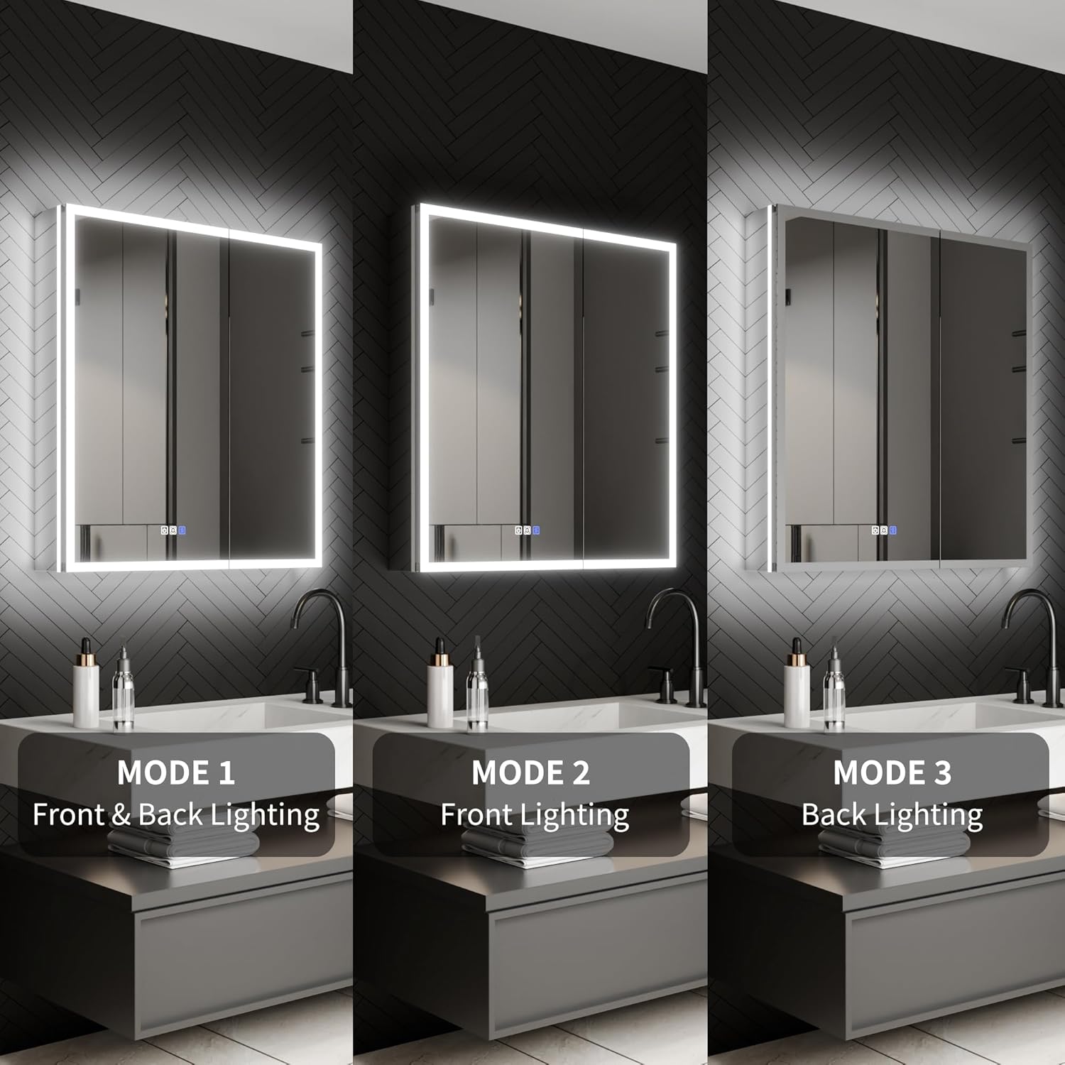 ExBrite 30 x 32 Lighted Medicine Cabinet with Mirror, Front&Backlit led Medicine Cabinet,Defog,5X Magnifier,3 Colors Temper Dimmable,Surface or Recessed Mount,Door Wide Open