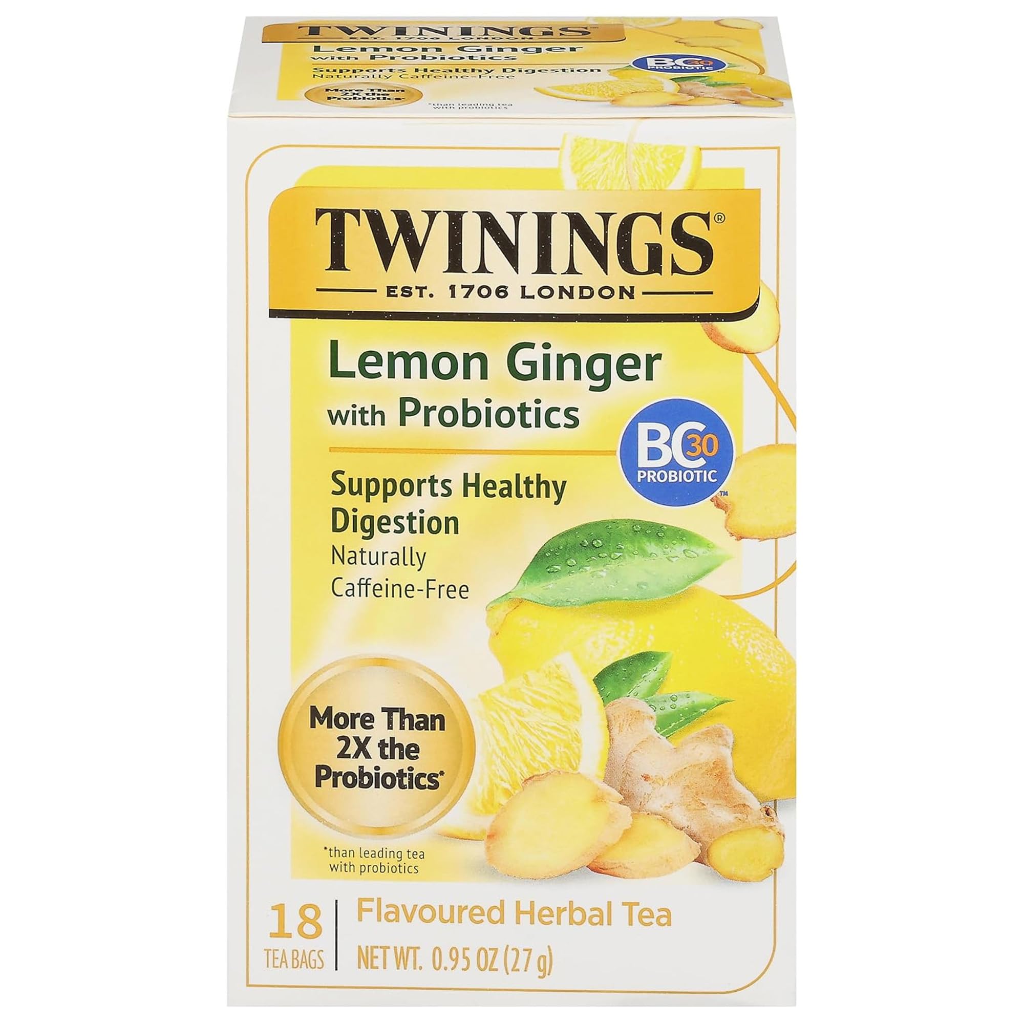 Twinings Superblends Probiotics+ Lemon & Ginger Flavoured Herbal Tea with Turmeric, Caffeine-Free, 18 Count (Pack of 1), Enjoy Hot or Iced, 18 Teabags