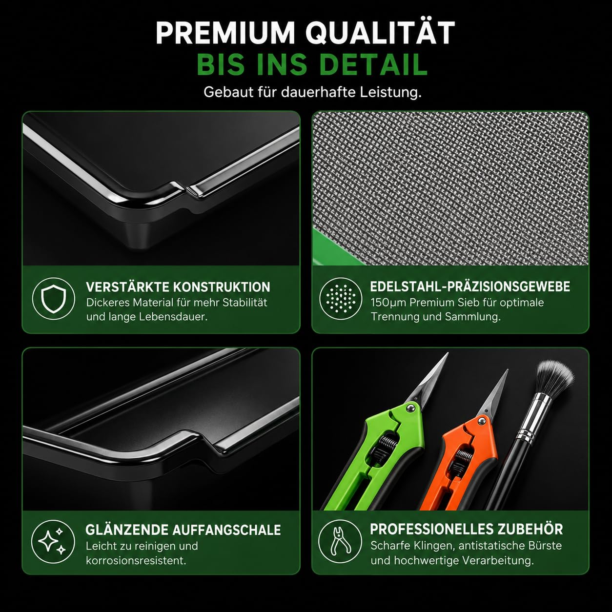 Trimming Tray Set Professional Trimmschale mit XXL Edelstahlsieb 150 Mikron,Ergonomisches Extra Tiefe Pollen-Schale & Rutschfester Boden, Komplettset mit 2 Scheren Bürste und Lupe, 51,5 x 35,5cm