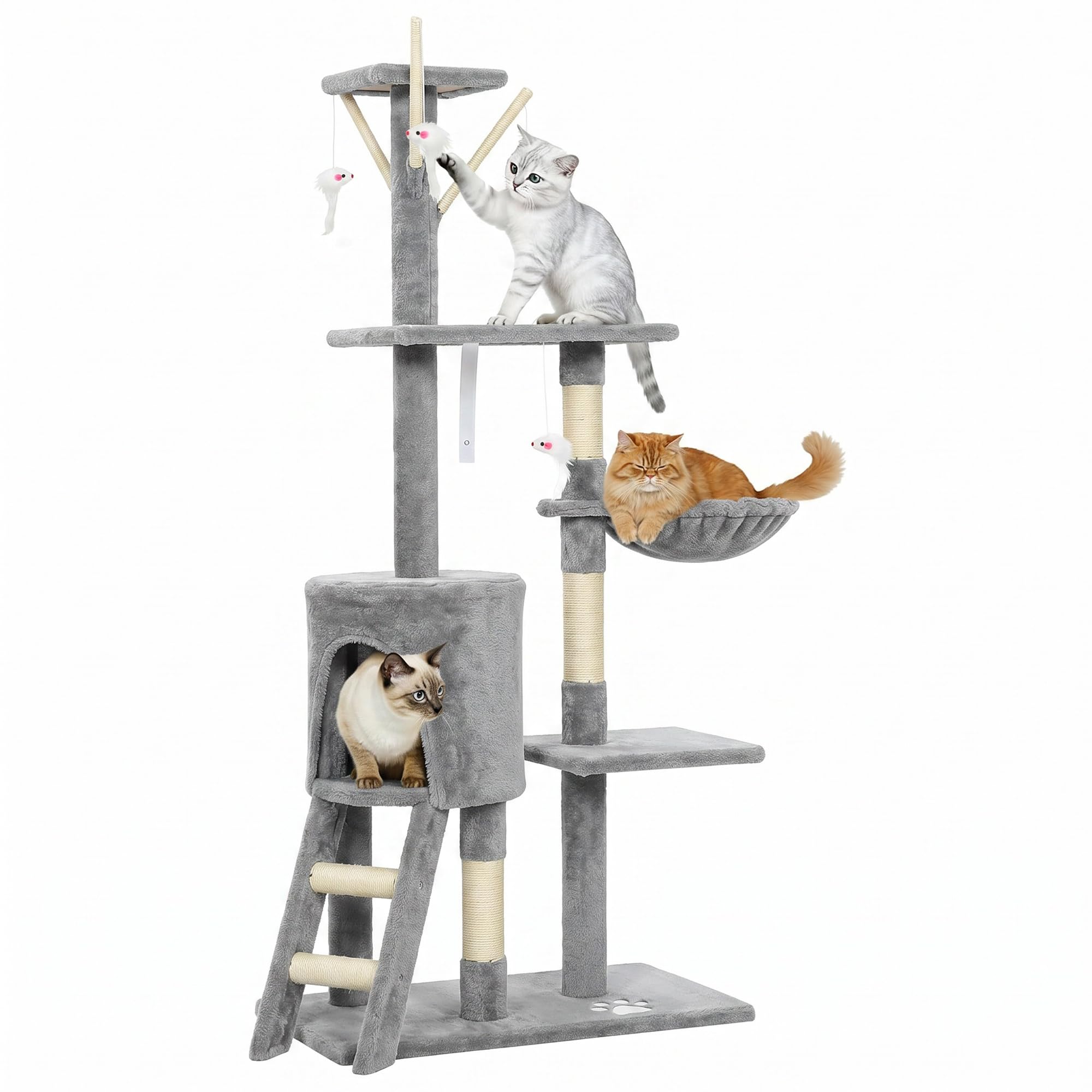 PawHut Cat Tree for Indoor Cats 135cm Kitten Tower Scratching Post Kitty Scratcher Climbing Tower with Ladder, Grey