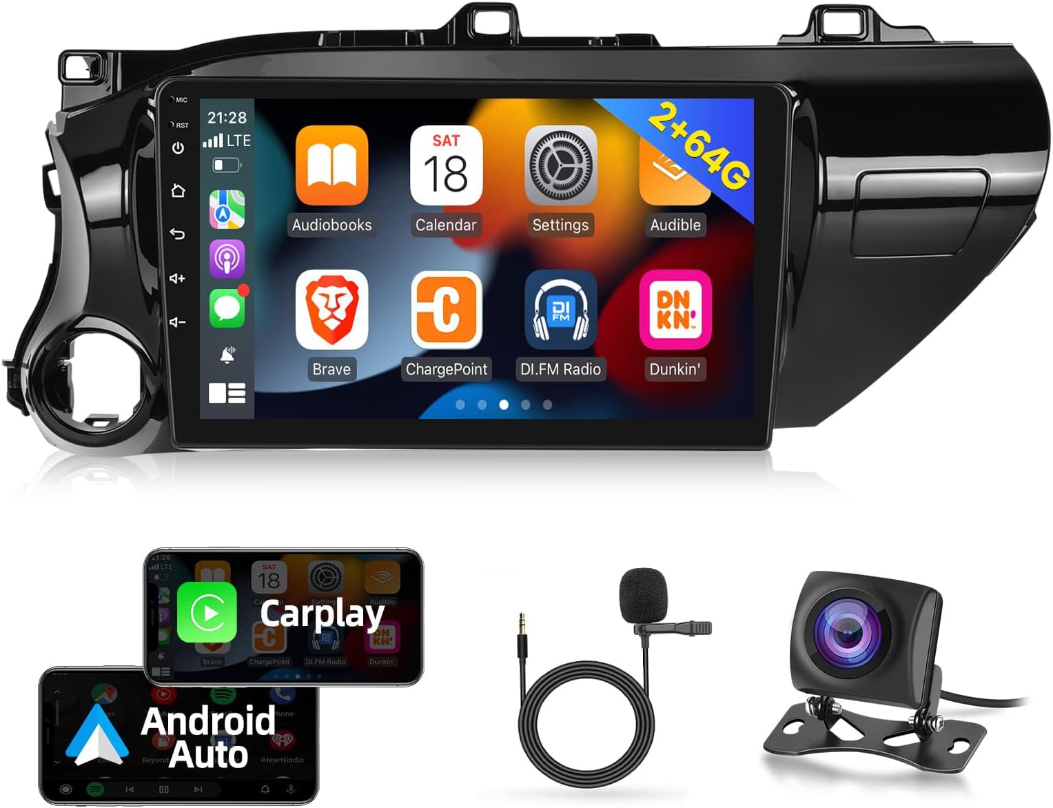 EKAT [2GB+64GB] Car Radio for Toyota Hilux 2015-2020, 10.1 inch Touch Screen Car Stereo with Android 13 System, Carplay&Android Auto/1080P/Hi-Fi Audio/Bluetooth + AHD Backup Camera + Mic