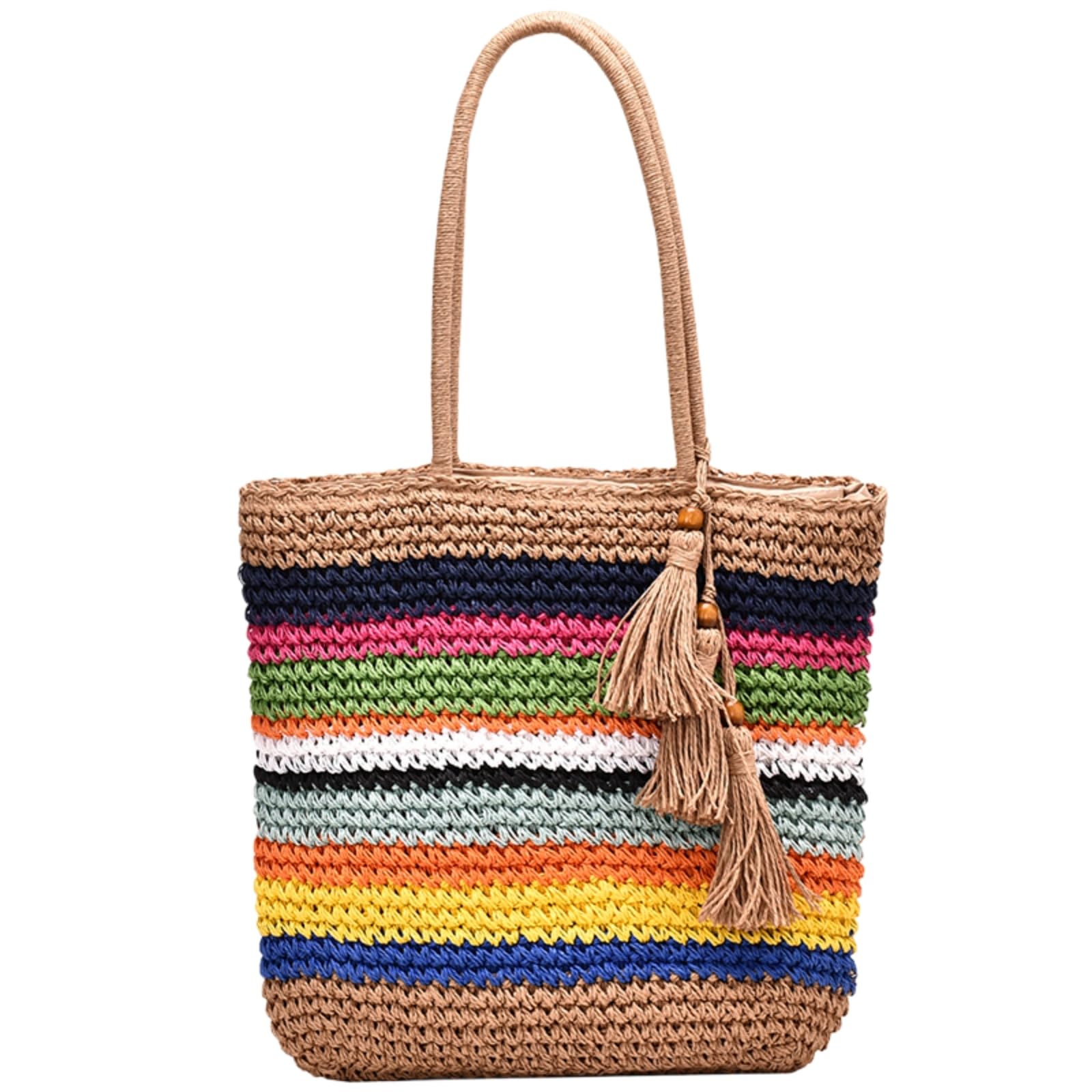 Borsa Spalla Paglia Rainbowcrochet con Tassel Decor, A Tracolla di Grande capacità per La Spiaggia E Lo Shopping-Multicolor