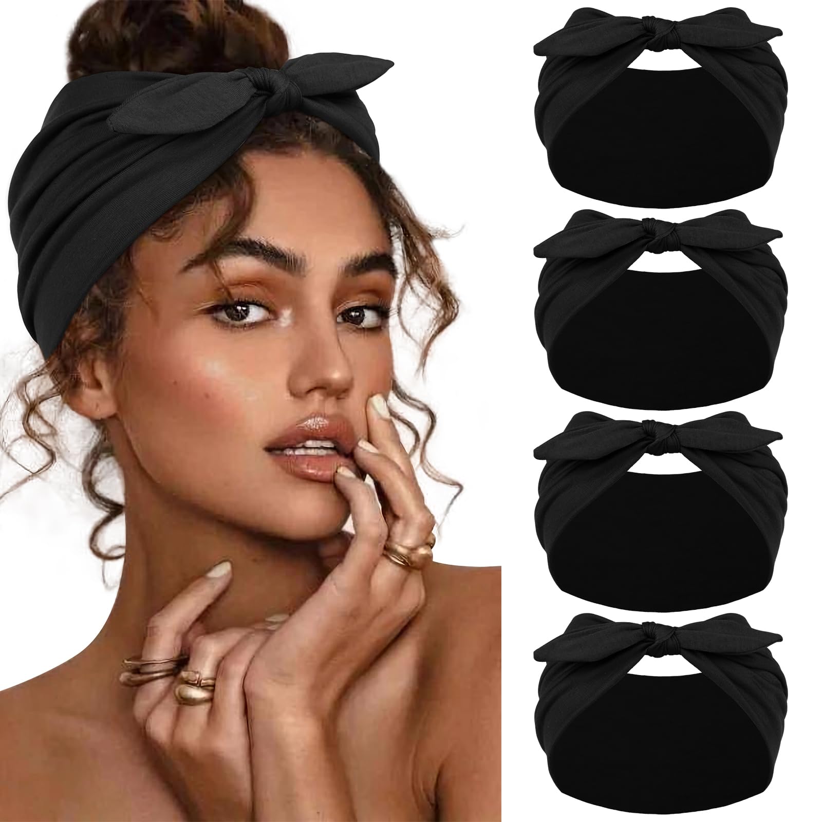 Huachi 4 Packs Bow Headbands for Women, Wide Head Bands for Women's Hair Non Slip Soft Elastic Hair Bands Headband, African Thick Workout Gym Turban
