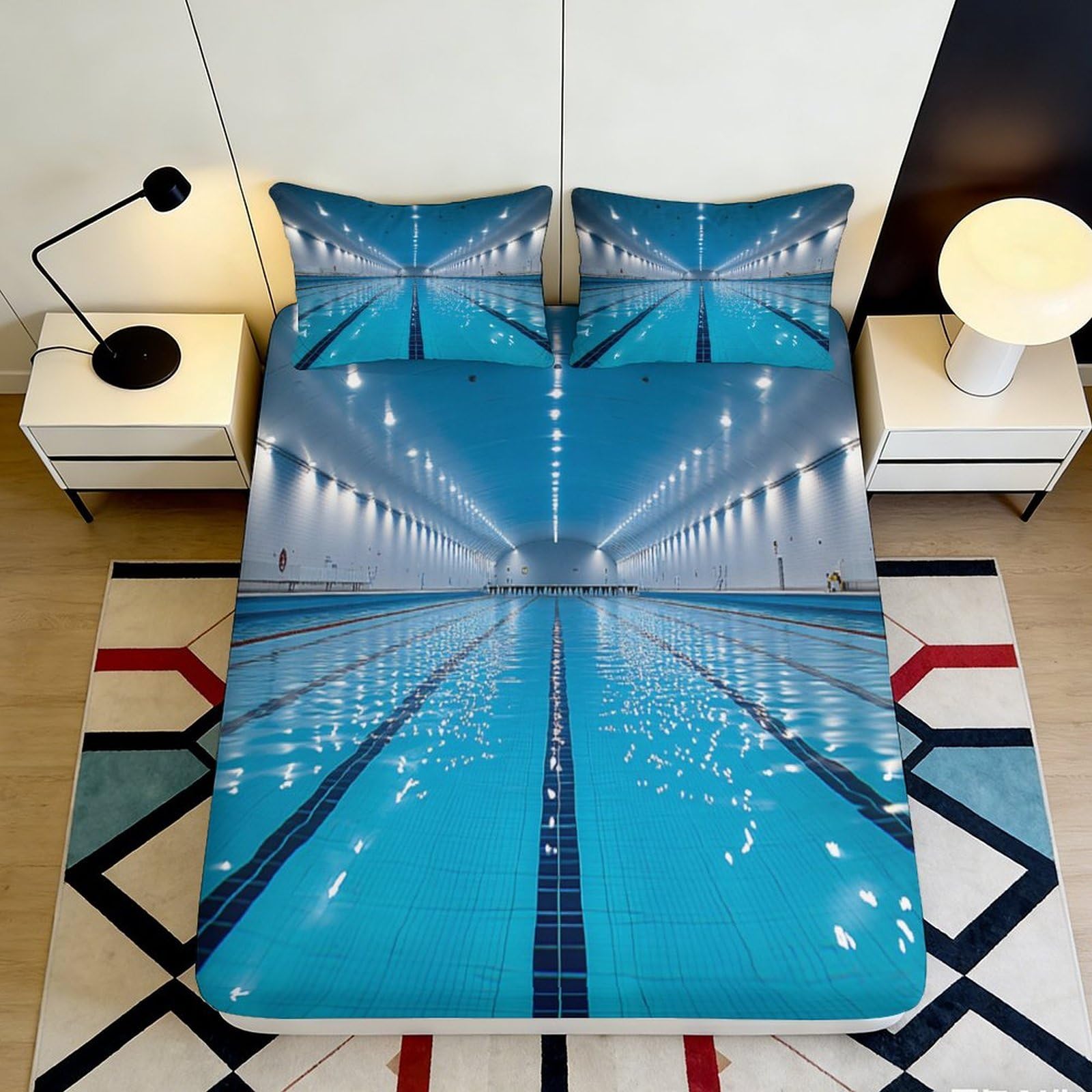 3D Printed Swimming Pool Fitted Sheet Microfiber Blue Water Reflection Mattress Cover for Bedroom Dorm Decor 90x200x25cm