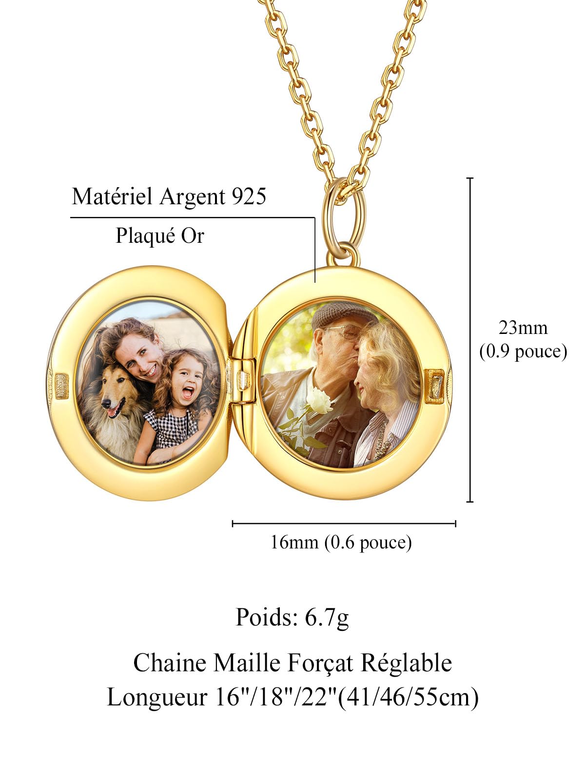 Custom4U Cadeau personnalisé pour femme - Médaillon ovale en argent sterling pouvant contenir des photos - Pendentif photo personnalisé avec chaîne de 40,6/45,7/55,9 cm, cadeau élégant pour