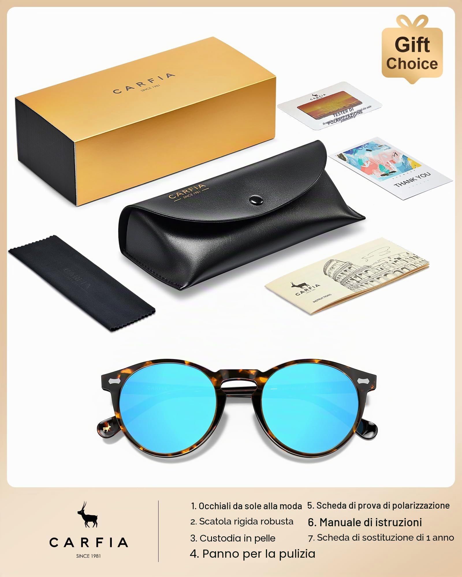 Carfia Retro Occhiali da Sole da Uomo Polarizzati Occhiali Unisex per Uomo e Donna con Struttura in Acetato e Protezione UV400