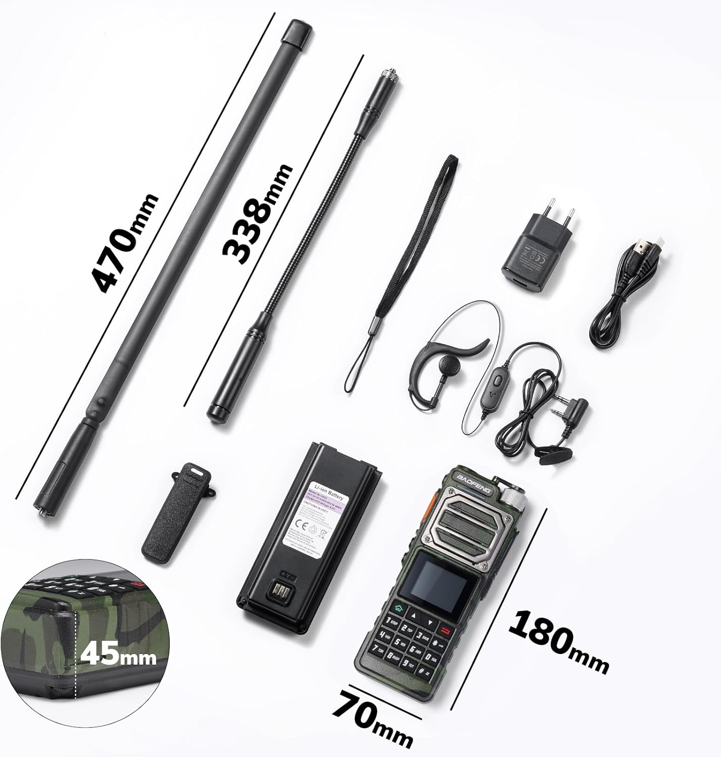 BAOFENG UV-25 radio and accessories laid out, showing dimensions and components.