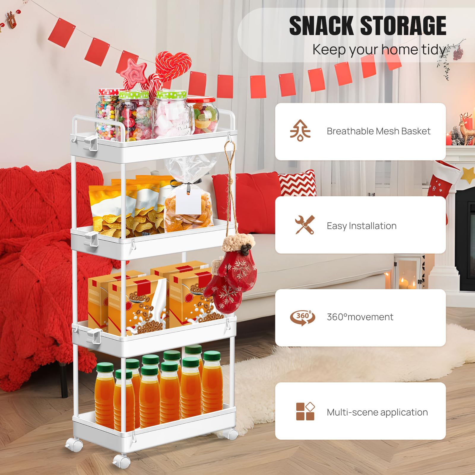 Carrito de Almacenamiento con Ruedas y asa, Carrito utilitario metálico rodante para baño, Cocina, Dormitorio, lavadero, Oficina, Organizador de estanterías móvil.