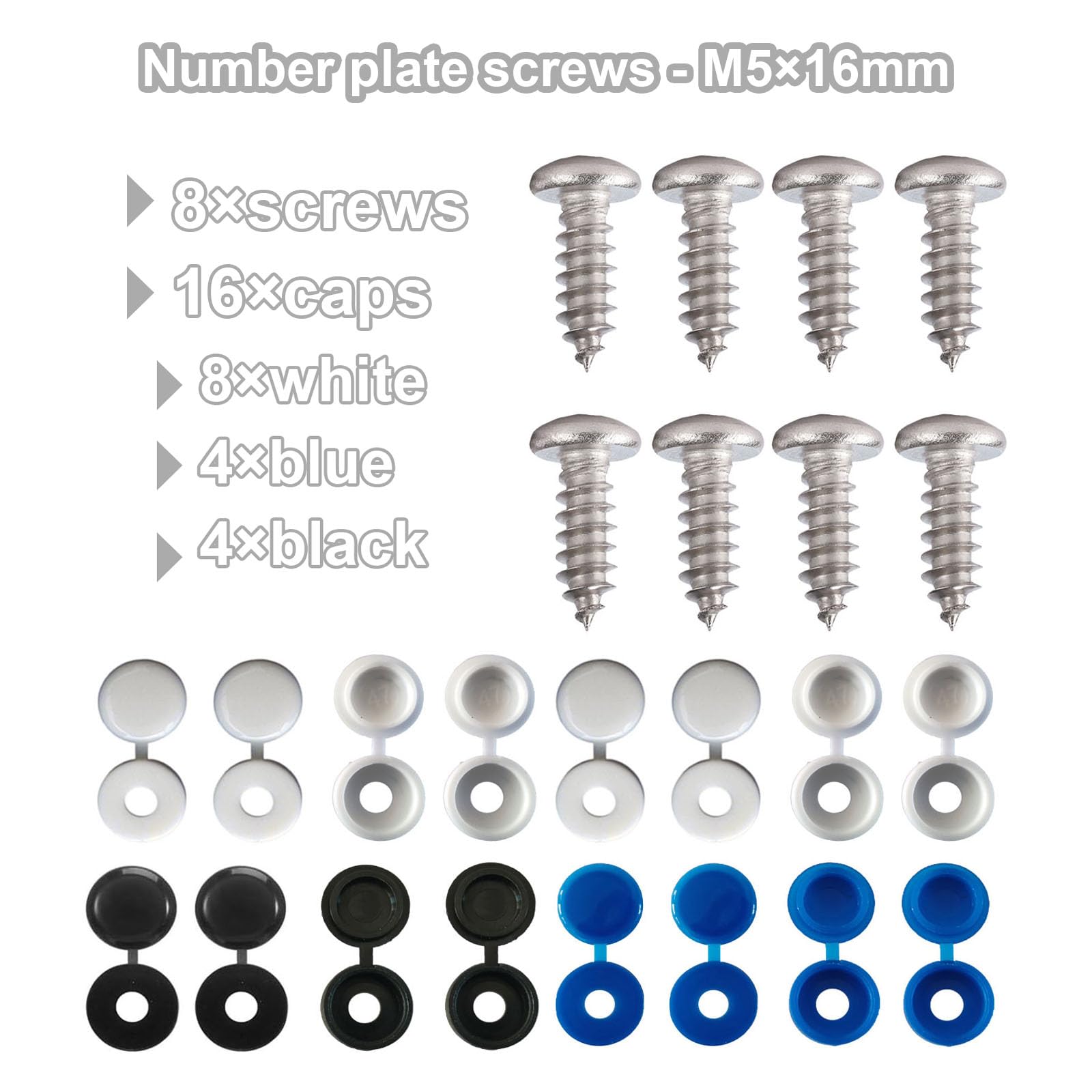 Juego de 8 tornillos de matrícula de acero inoxidable para matrícula, M5 x 16 mm, ideal para el montaje de matrículas