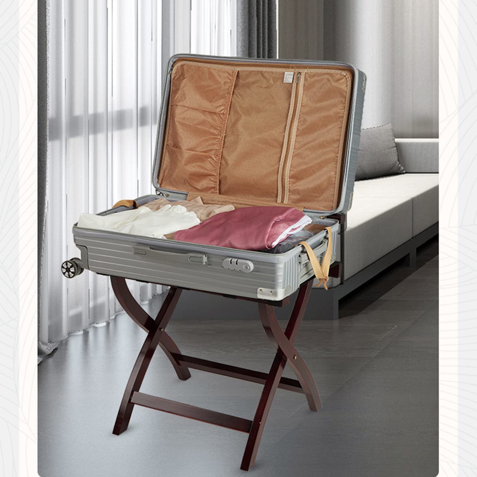 Portaequipajes de hotel for habitación de huéspedes Mejore la versión fuerte Portaequipajes plegable de madera de bambú duro dormitorio, habitación de huéspedes del hotel, rojo, 46x46x60cm