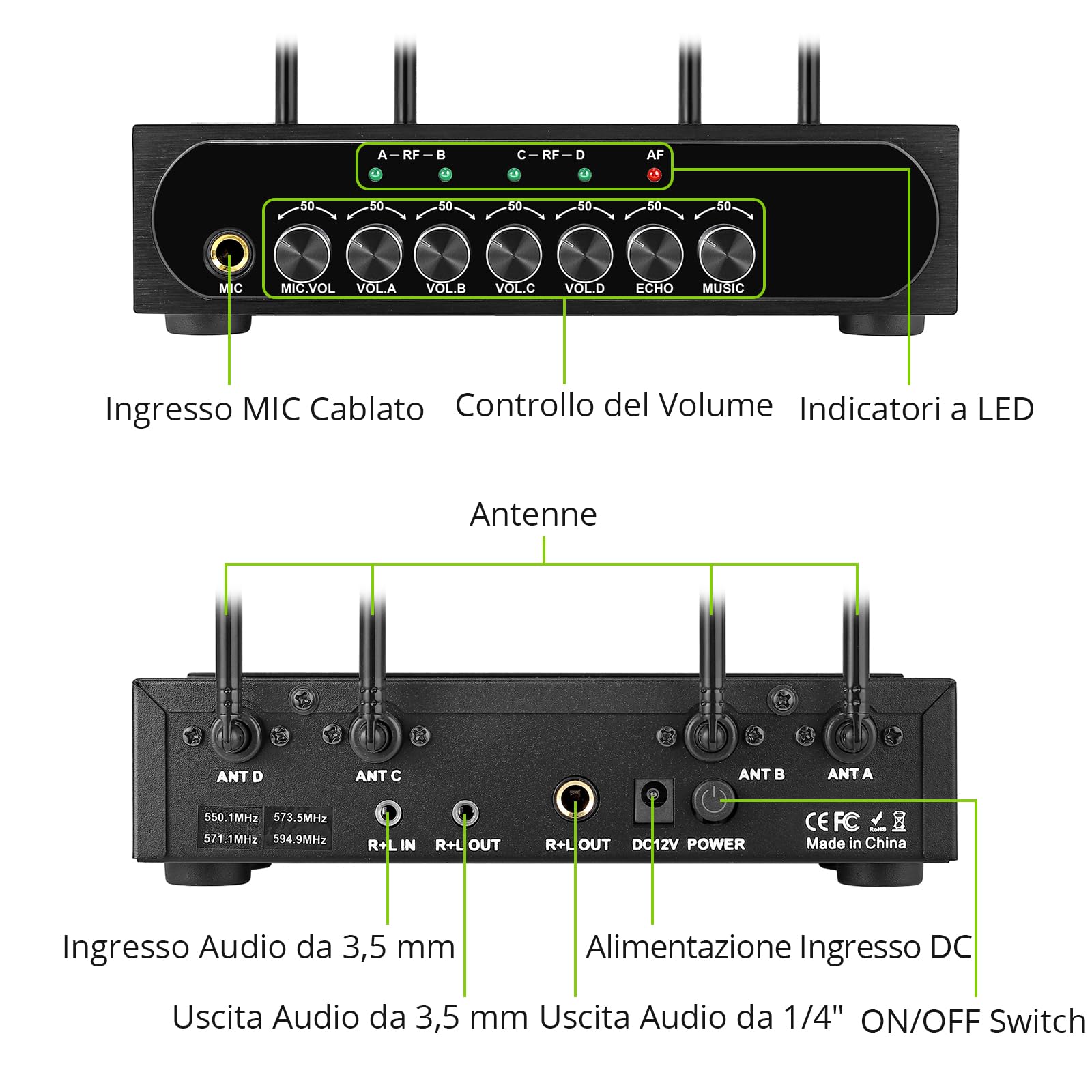 LiNKFOR Set di Microfoni Senza Fili Sistema con Echo UHF Sistema Microfonico Wireless Portatile a 4 Canali Volume e Frequenza Regolabile Microfonico Wireless con Ricevitore per Karaoke DJ Matrimoni