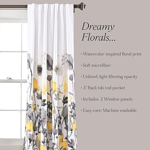 Miniatura 6 de Lush Decor, 84 x 52, Yellow and Gray Zuri Flora Curtains Room Darkening Window Panel Set for Living, Dining, Bedroom (Pair)