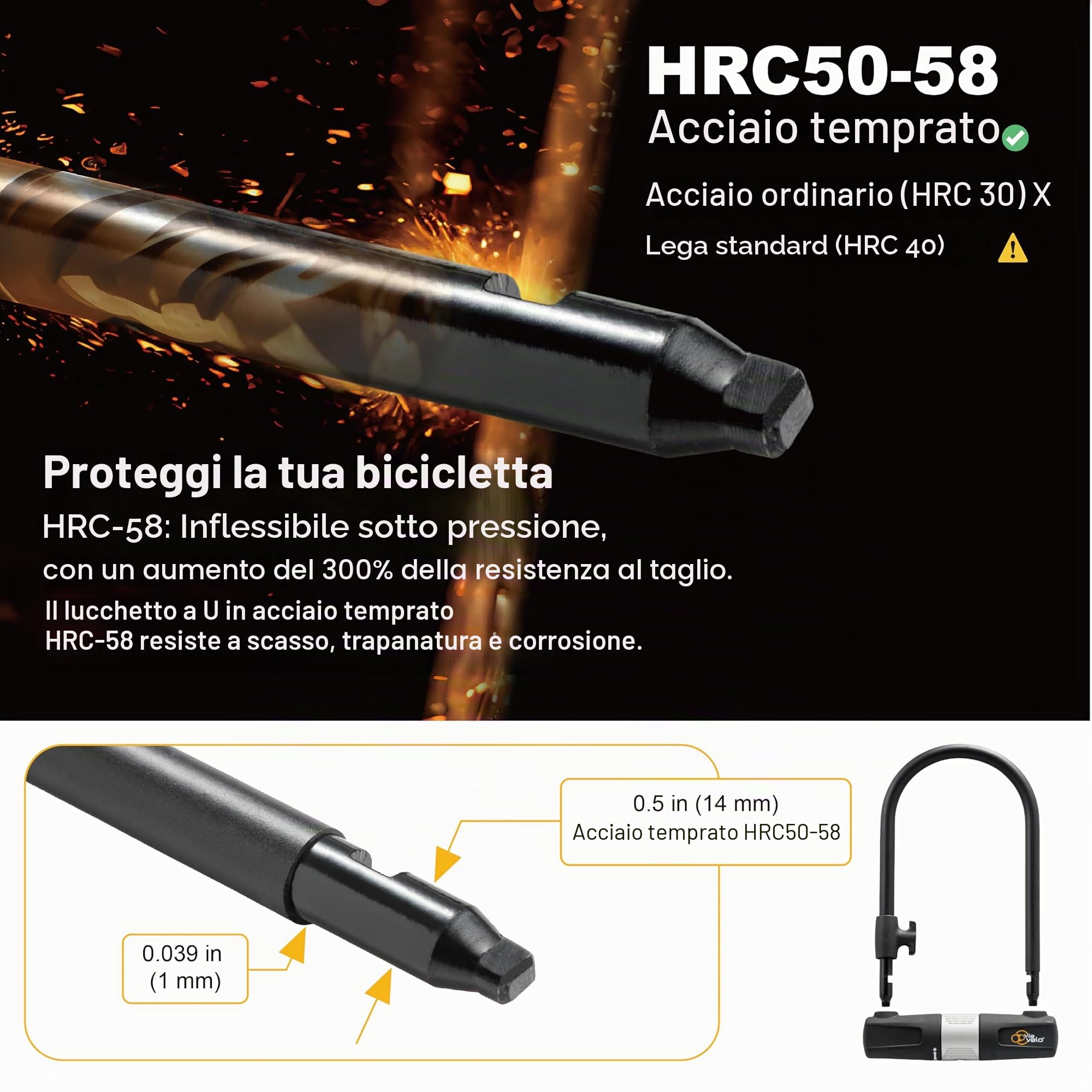 Via Velo Lucchetto per Bici a U Ansa di 14 mm e Cavo di 10 mm / 1,8 m con Supporto di Montaggi