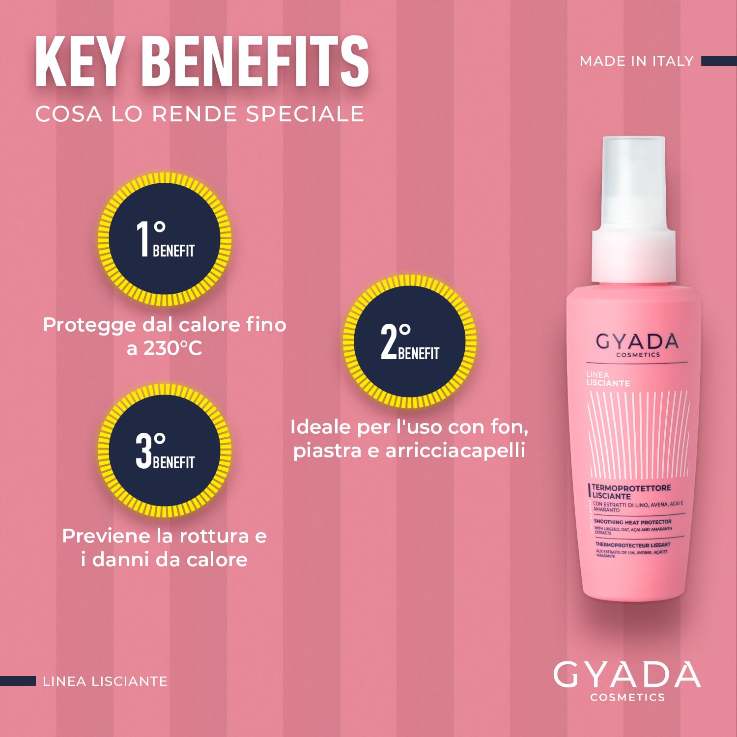 GYADA COSMETICS, Wygładzająca ochrona cieplna do 230° przed wysoką temperaturą, prostownicą i lokówką, z ekstraktem z lnu, owsa, acai i amarantu, 125 ml