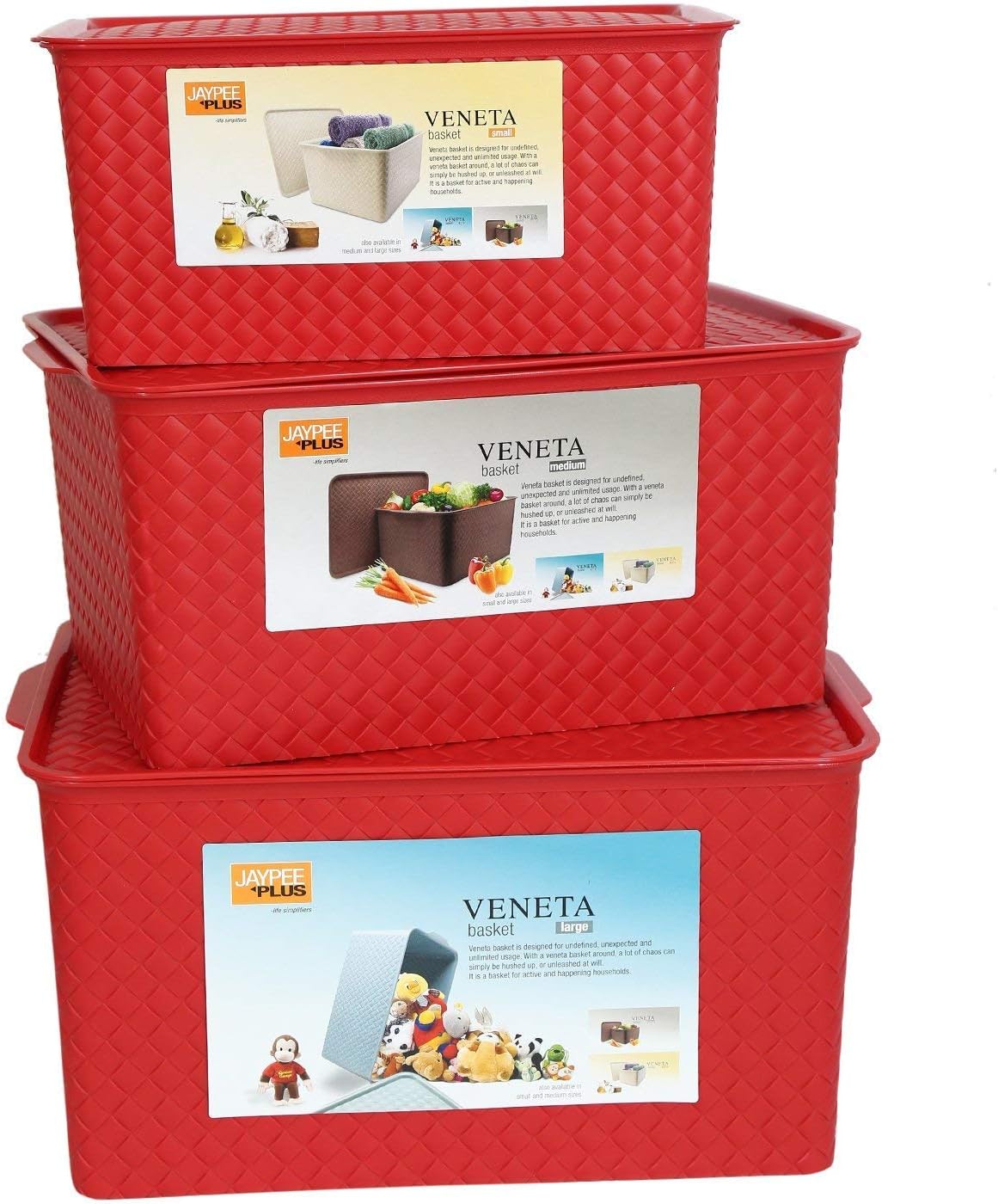 Jaypee Plus Plastic Storage Basket Veneta Combo of 3 Red