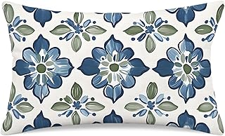 Blue and Green Porcelain Floral Pillow Covers 12x20 Inch Boho Style Flower Couch Pillow Case Modern Decorative Lumbar Throw Pillows for Home Decor Cushion