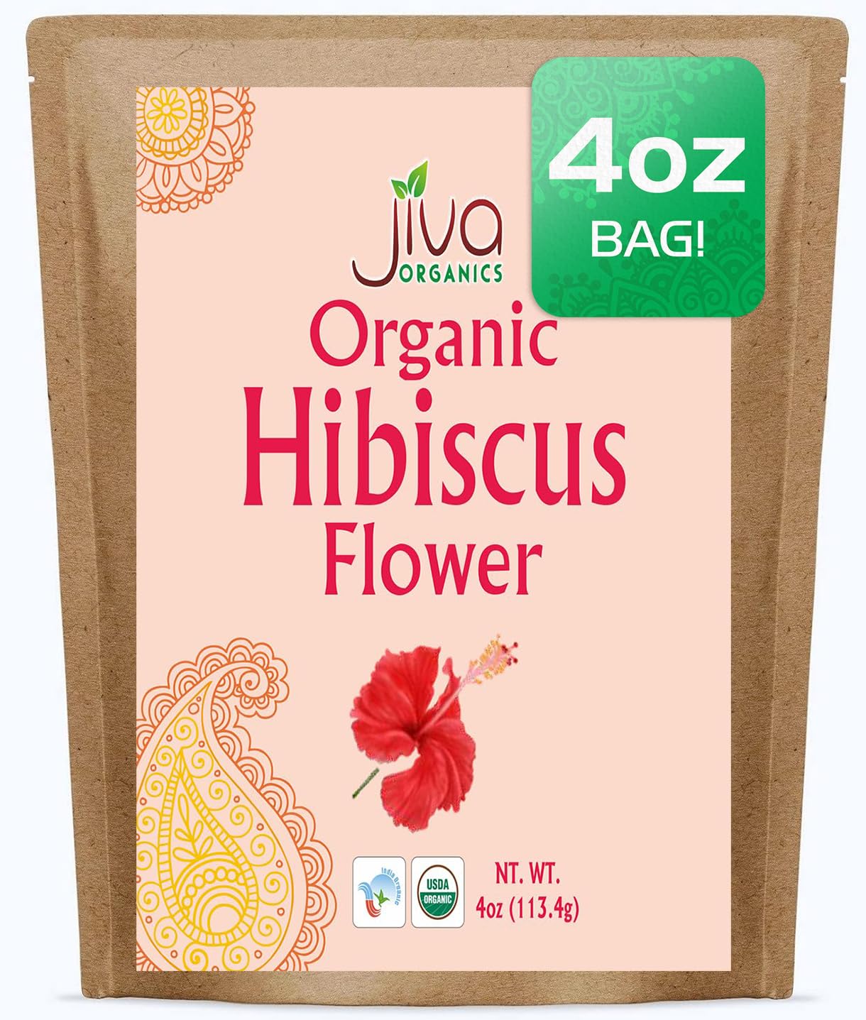 Jiva Organic Hibiscus Flowers Loose Tea 4oz, Cut & Sifted, Gluten Free, Non GMO, Non Irradiated, Keto Friendly