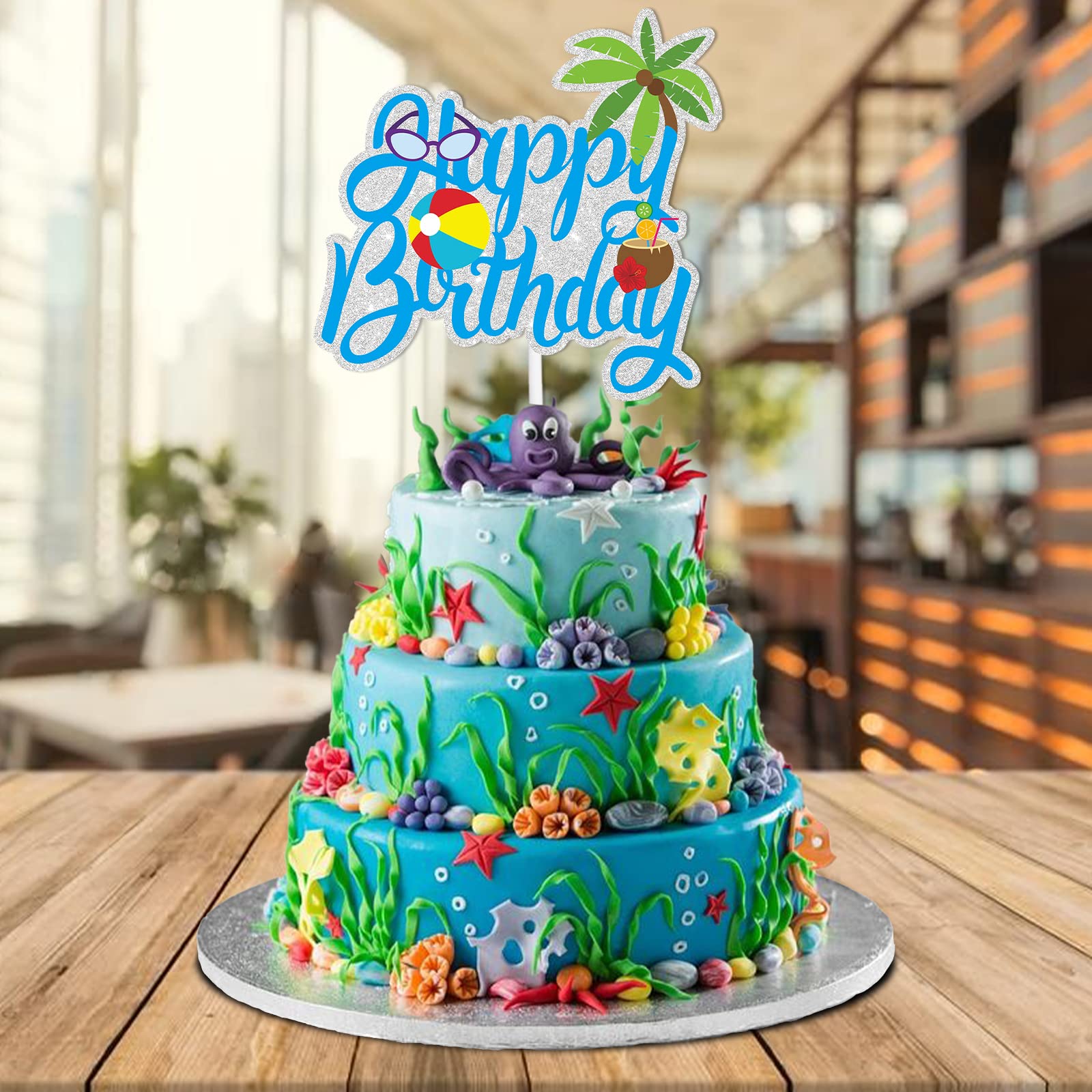Sommer Strand 'Happy 8th Birthday' Cake Topper | Blaue Glitzer-Deko Für Geburtstagsparty | 11 Zoll