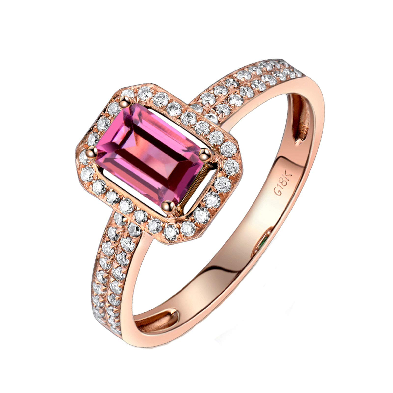 AmDxD Anillos de oro rosa de 18 quilates para mujer, anillo de San Valentín para novia de 0,75 quilates de turmalina rectangular con diamante de 0,24