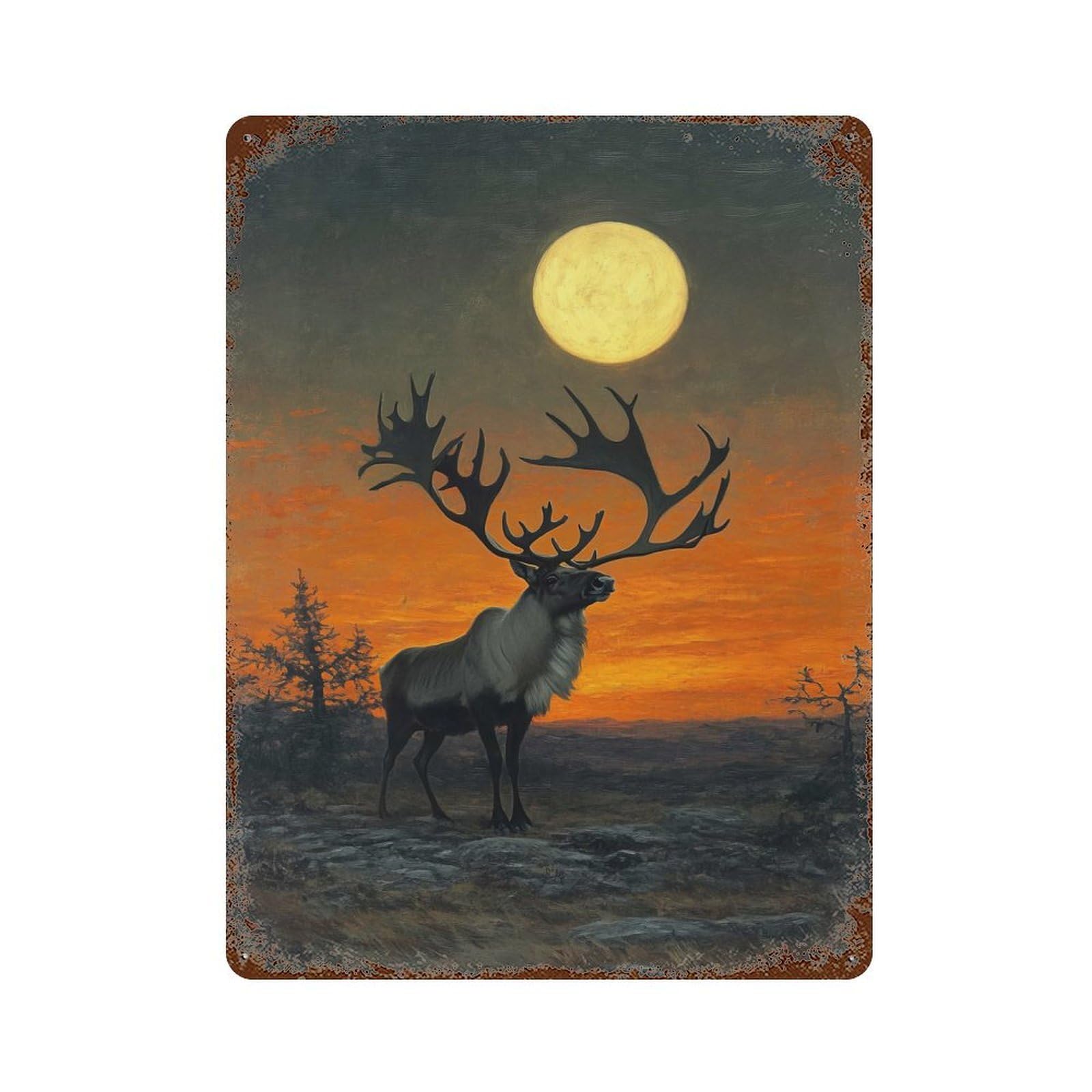 Reindeer Under Full Moon Rust Effect Tin Sign 15.7"x11.8", Novelty Wall Decor for Garage, Pub Or Kitchen