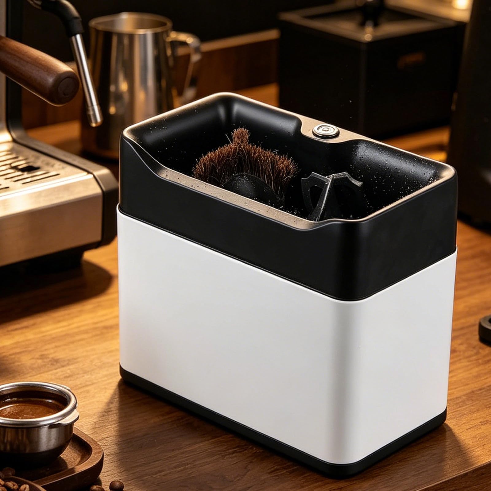 GSHSHOU Electric Portafilter Cleaning Machine, Automatic Coffee Grounds Cleaning Machine with 3 Scrapers &2 Brush Head,Automatic Coffee Puck Cleaner, for Home or Commercial Coffee Bar White