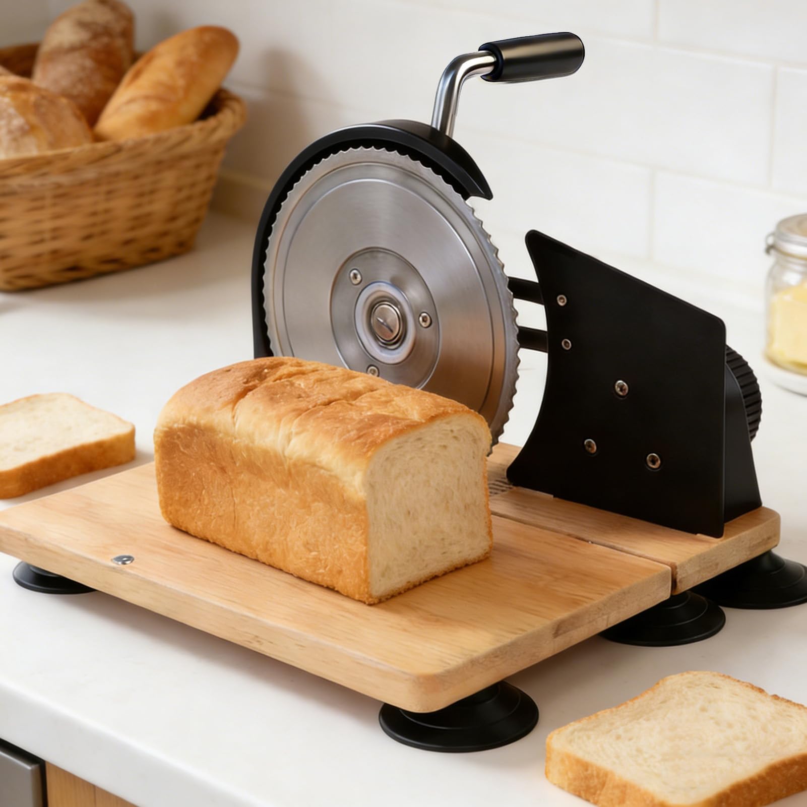 Naroote Cortador de Pan Manual, Herramienta de Corte de Espesor Ajustable con Manivela, Máquina de Corte Uniforme de Acero Inoxidable con Diseño Compacto y Estable, Ideal para Masa Madre y Cocina