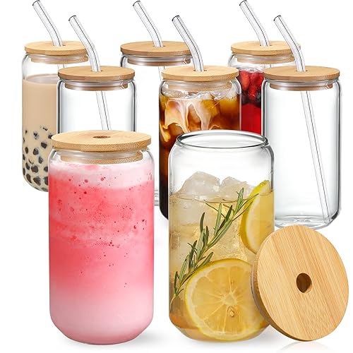 NETANY [ 8pcs Set ] Drinking Glasses with Bamboo Lids and Glass Straw - 16oz Glass Cups, Beer Glasses, Iced Coffee Glasses, Cute Tea Cup, Ideal for Cocktail, Whiskey, Gift - 2 Cleaning Brushes