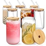 NETANY [ 8pcs Set ] Drinking Glasses with Bamboo Lids and Glass Straw - 16oz Glass Cups, Beer Glasses, Iced Coffee Glasses, Cute Tea Cup, Ideal for Cocktail, Whiskey, Gift - 2 Cleaning Brushes