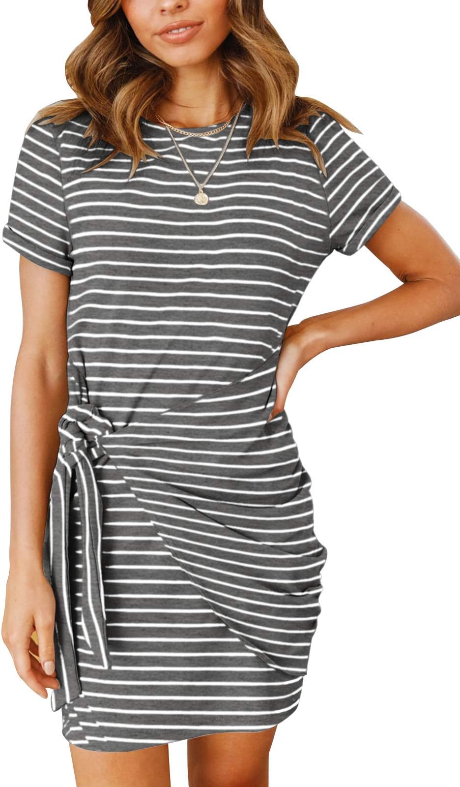 Women's Short Sleeve Crew Neck T Shirt Dress Tie Waist Ruched Bodycon Mini Dress