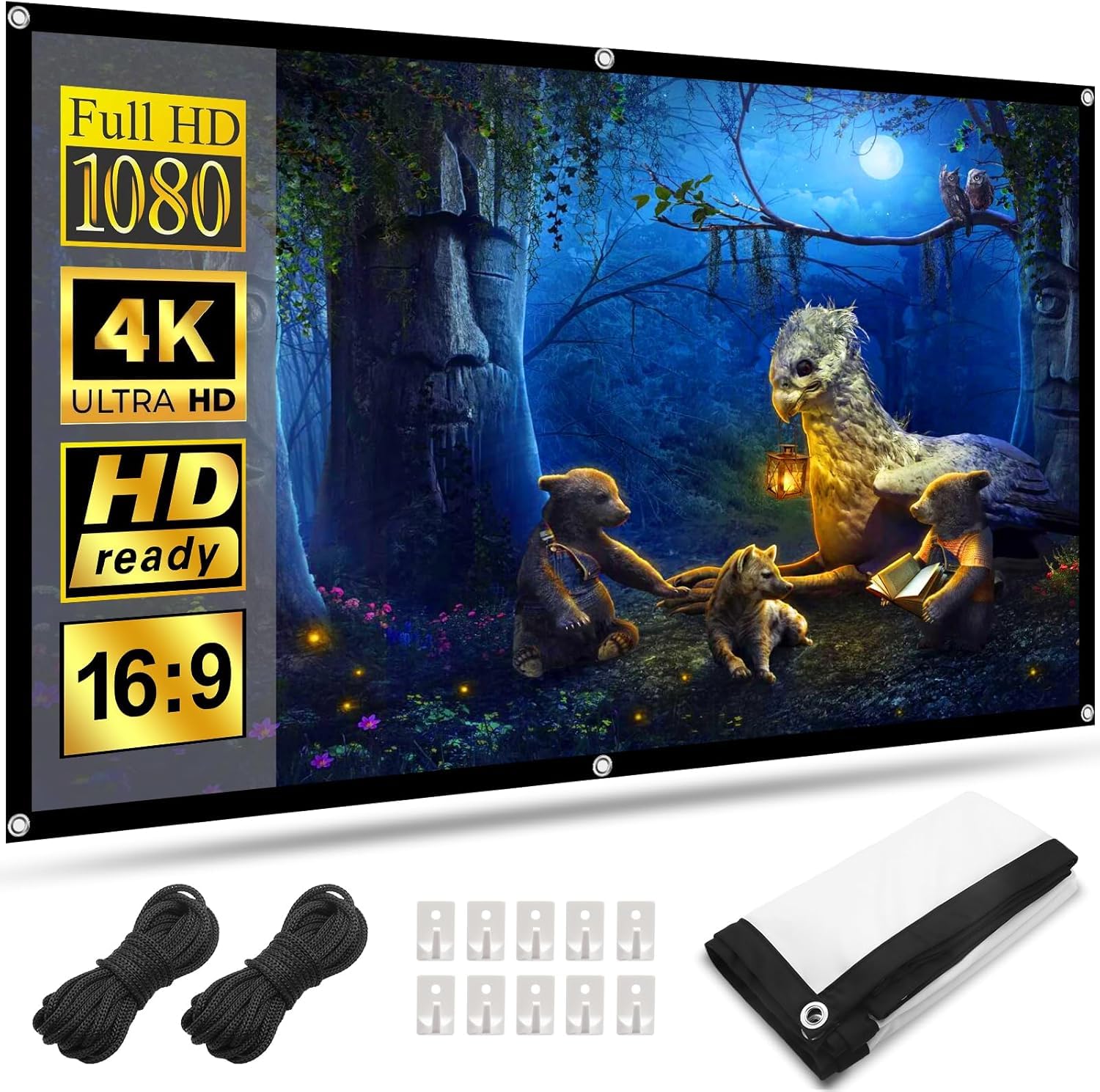 HOPFROG 84 Pulgadas Pantalla Proyector Portátil, Tela de Seda de Leche Lavable y Antiarrugas, 16:9 4K HD Doble Cara Plegable para Camping Exterior y Cine en Casa, Fácil Instalación con Ganchos