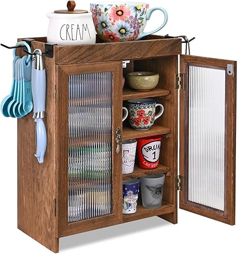 Miniatura 9 de Ikee Design Armario de almacenamiento de madera para encimera. Organizador personalizable con estantes ajustables, puerta de ventana de vidrio y