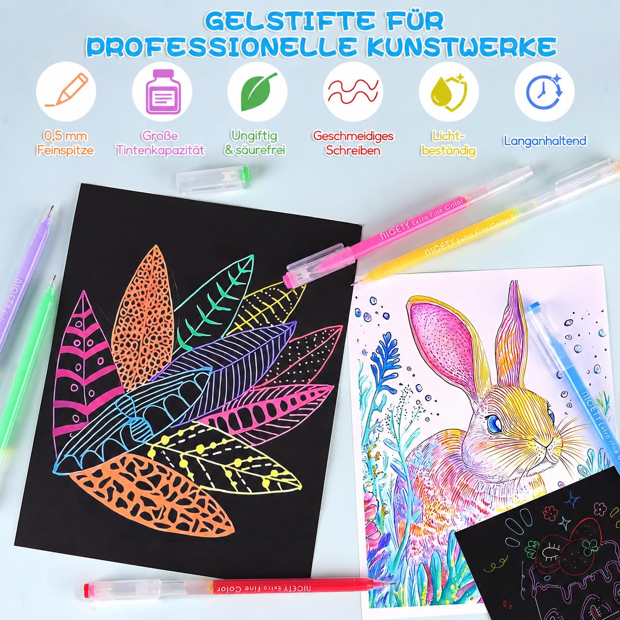 NICETY 168 Gelstifte Set – Gel Pens Gelschreiber mit 0,5mm Feiner Spitze & 162 Farben (159 Farben + 3 Weiß/3 Silber/3 Gold) – Gel Stift Set zum Malen, Schreiben & Journaling für Erwachsene & Kinder