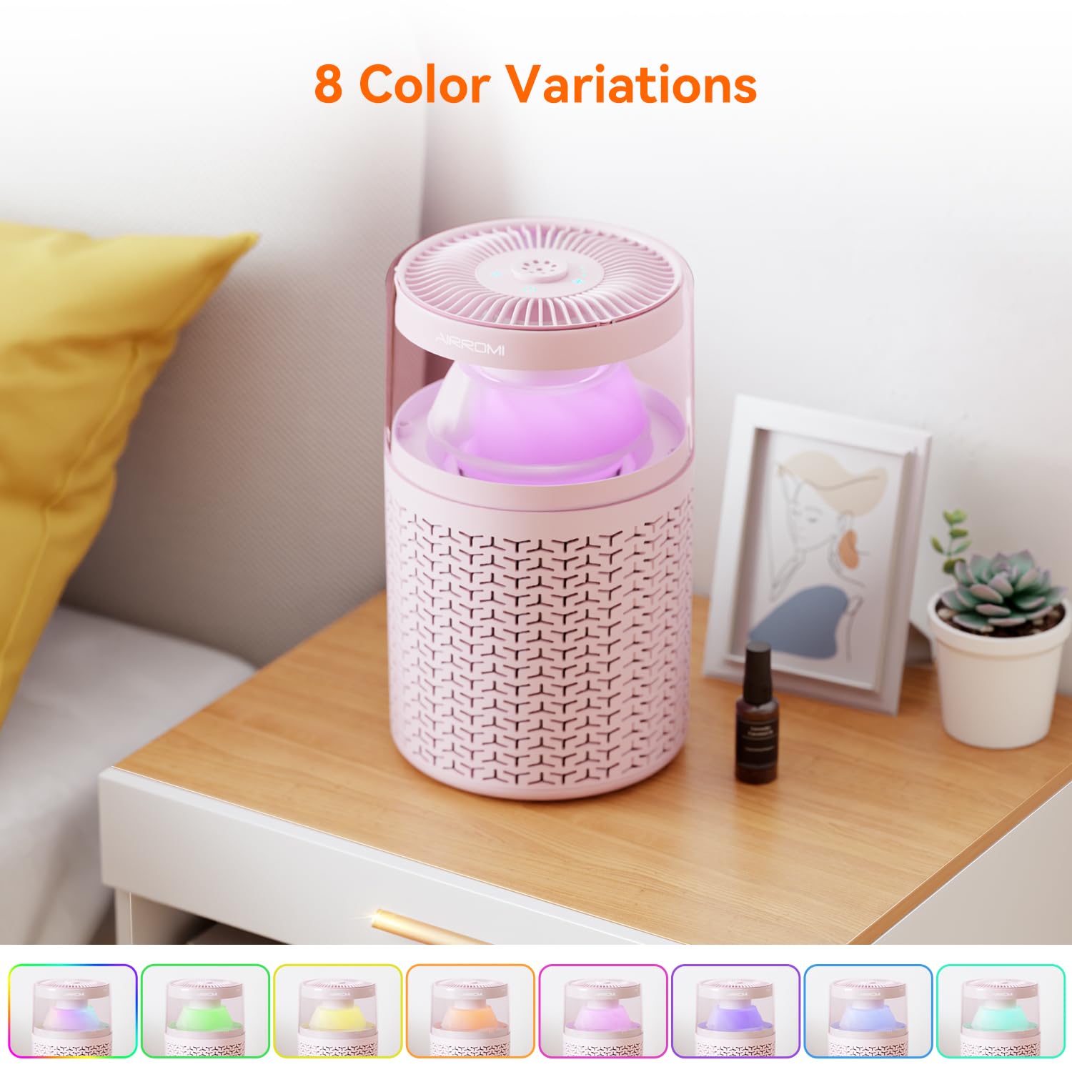 AIRROMI Air Purifiers for Bedroom Home,Up to 658 Ft²,Activated Carbon Filter Cleaner,With Fragrance Sponge for Better Sleep,Night Light,Pet Dander,Allergies,Smoke,Odor,Desktop Air Cleaner A2002 Pink
